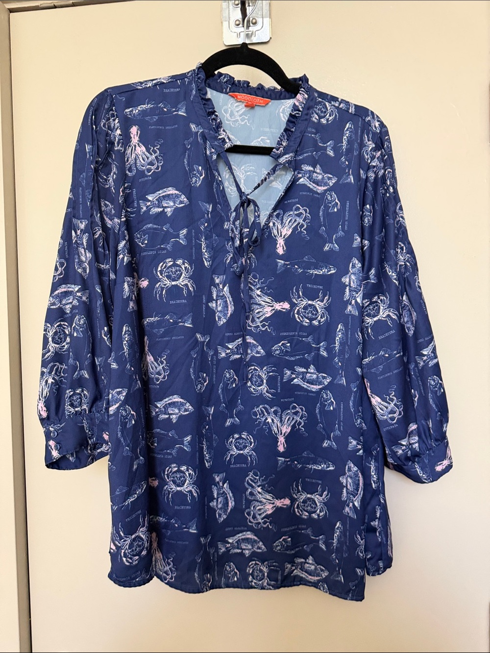 1X Modcloth Sea Creatures Ruffle Neck Blouse